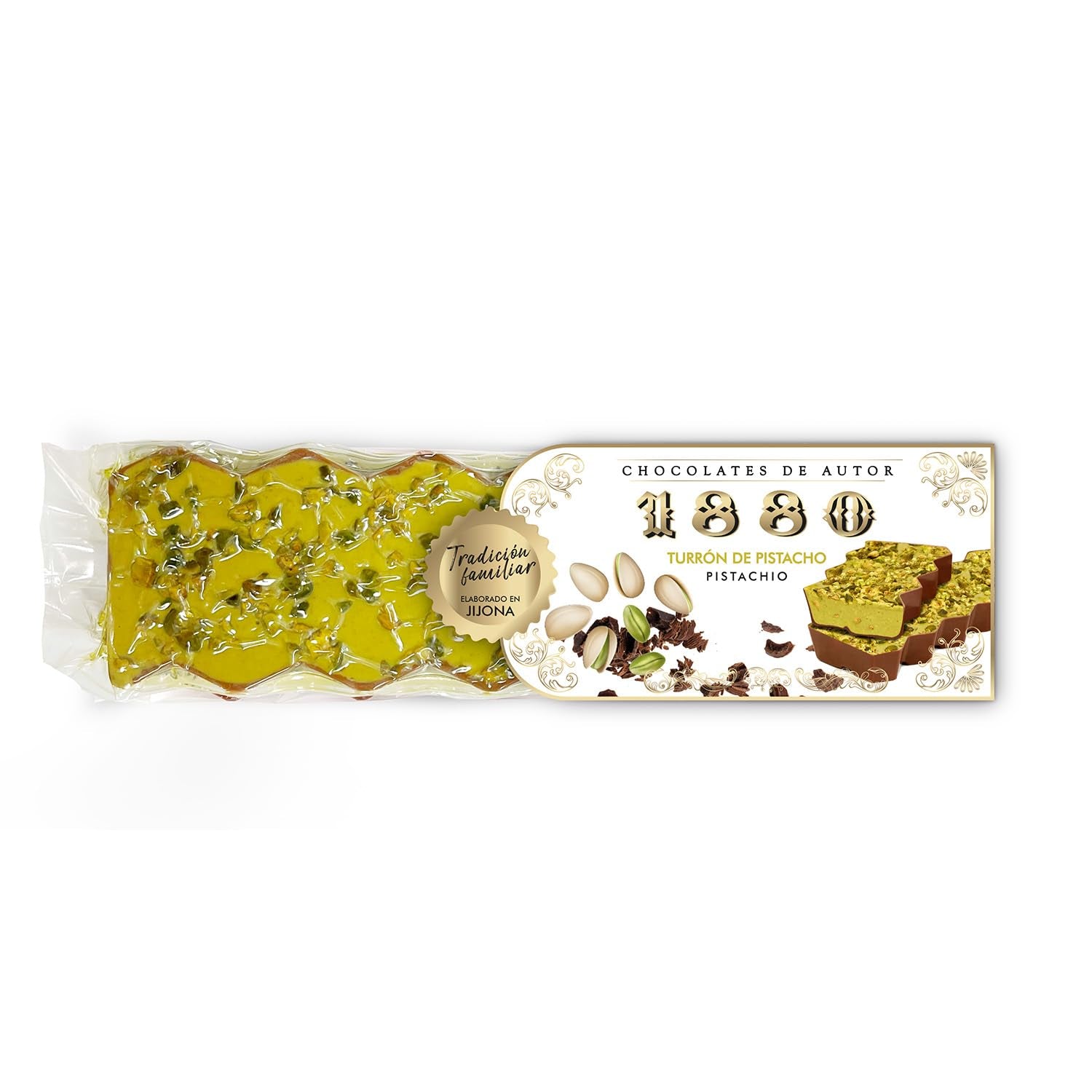 Artisanal chocolate pistachio turrón, 200g, creamy texture, superior quality, fine ingredients, authentic taste, the most expensive turrón in the world