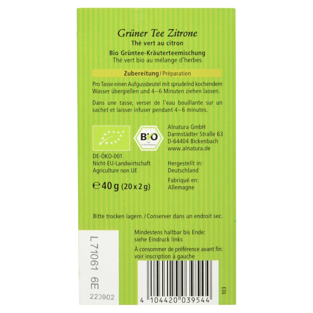 Ceai verde organic cu lămâie, 20 pliculețe, 40 g