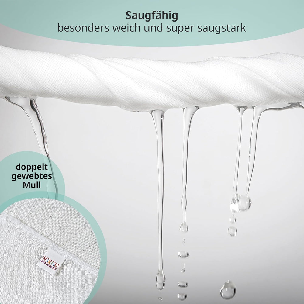 MAKIAN Muslin Squares, Pack of 10, 80x80cm, Oeko-TEX® Standard 100 Certified, 10 Premium Burp Cloths - Double Woven Cloth Squares / Muslin Squares, Boil Resistant - White