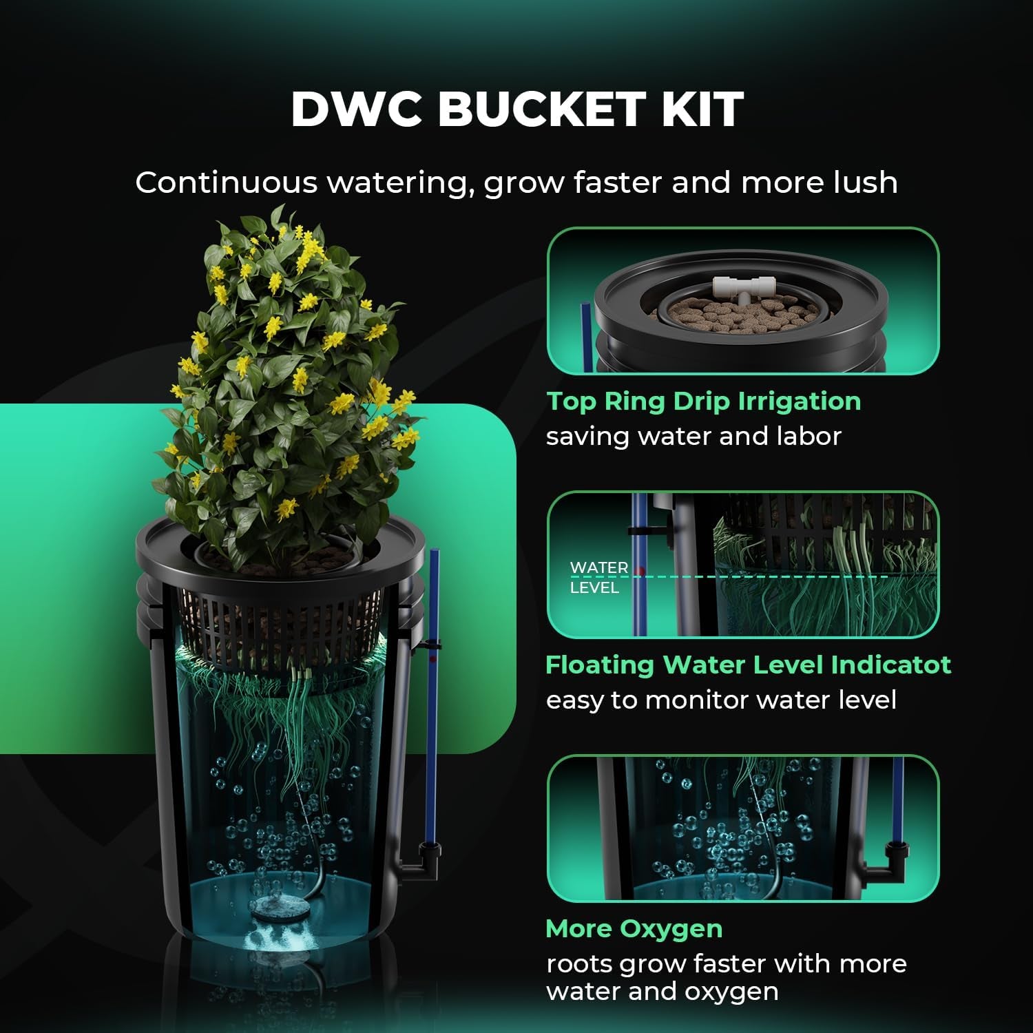Mars Hydro DWC Hydroponic Grow System, 5 Gallon Deep Water Grow, 8W Air Pump, Multipurpose Air Hose, Air Stone, 2 Buckets and Drip Pot Kit