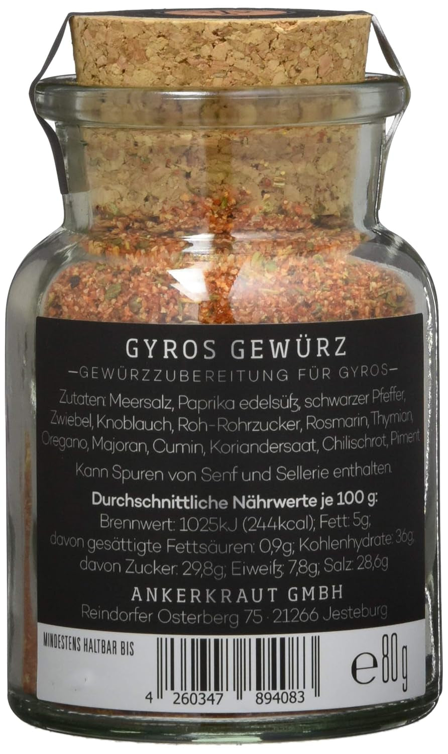 Ankerkraut Gyros, Gewürzmischung für Gyros, egal ob aus der Pfanne oder vom Grill, mit Zwiebel, Knoblauch, Marjoram, Cumin, Piment und mehr, 80 g im Korkenglas