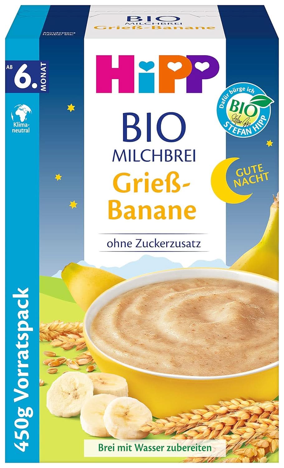 Hipp organic milk porridge without added sugar, semolina and banana, storage package (4X450 grams) Mother and Child Naty Shop 4 x 450 grams Gris with bananas