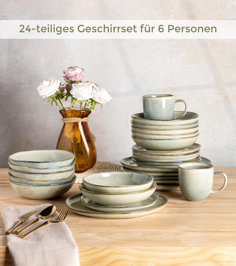 Set de veselă GBhome din gresie pentru 6 persoane, 24 de piese, glazură reactivă, lucrat manual, potrivit pentru cuptorul cu microunde și mașina de spălat vase, set de boluri și farfurii, Desret Sage, GDW007GY-24P-EU