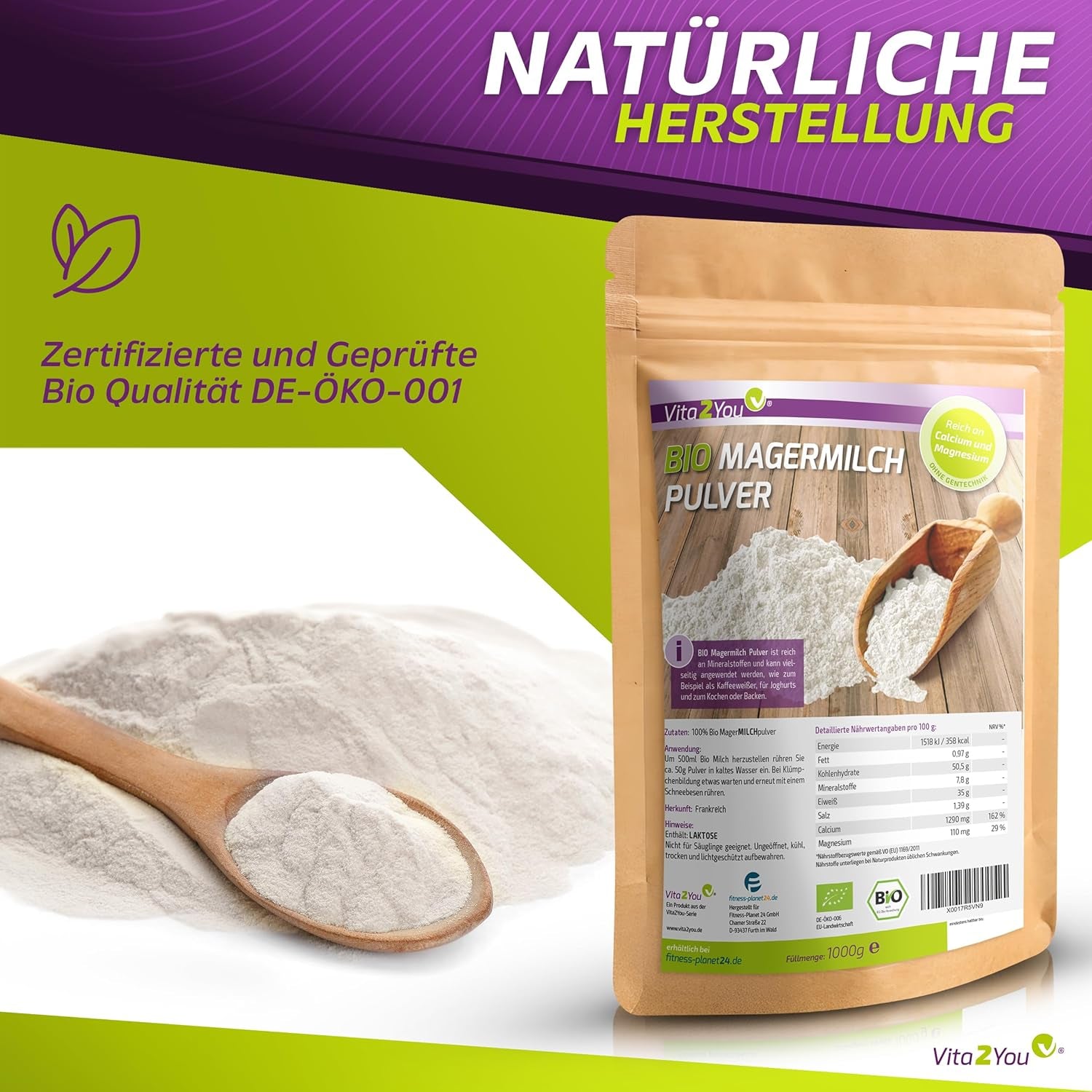 Vita2You Bio Skimmed Milk Powder 1000g - 100% Bio Qualität - for baking - Kaffeeweißer - Milchpulver für Joghurts - 1kg - Premium Qualität