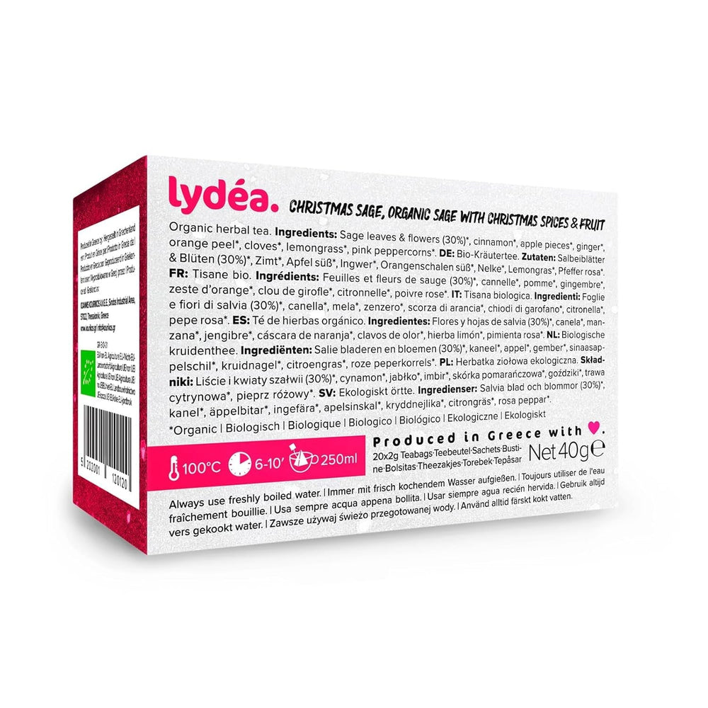 Lydea Bio-Salvie – Ceai de plante aromatice minunat, cu condimente și fructe întregi, fără cofeină, 60 piramide, pachet de 3 [3 x 20 piramide]