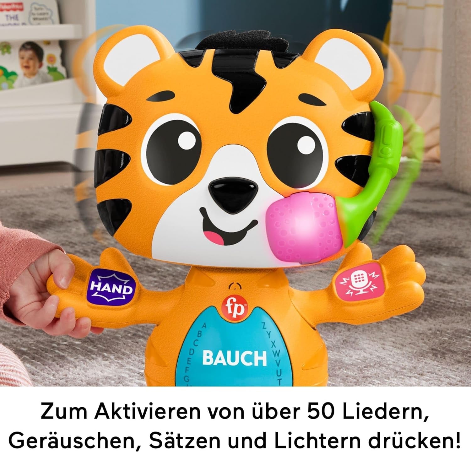 Jucărie educativă Fisher-Price pentru bebeluși și copii mici, Beat Bande Lern & Tanz Tiger Justin cu sunete și lumini pentru copii începând cu vârsta de 9 luni, ediție germană, HYL31 Jucarii Bebe Naty Shop