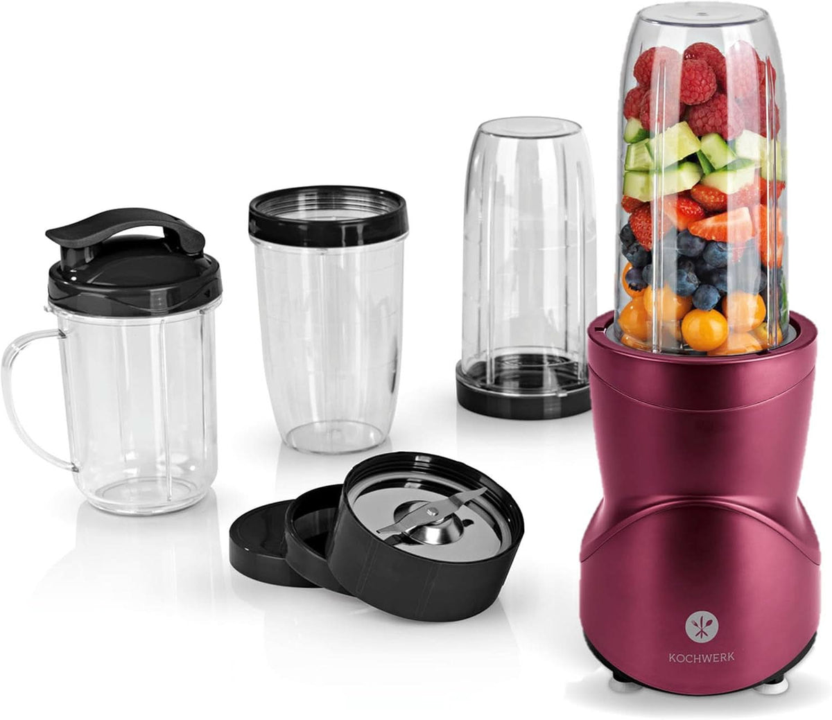 Smoothie Maker 12-Tlg | To-Go Deckel & 4 Mixbehälter | Für Obst, Gemüse & Nüsse | Myth Ice-Crush Funktion | Mini-Standmixer Zum Mixen, Rühren, Zerkleinern, Mahlen, Hacken & Pürieren | BPA-Free Kitchen Naty Shop Rot