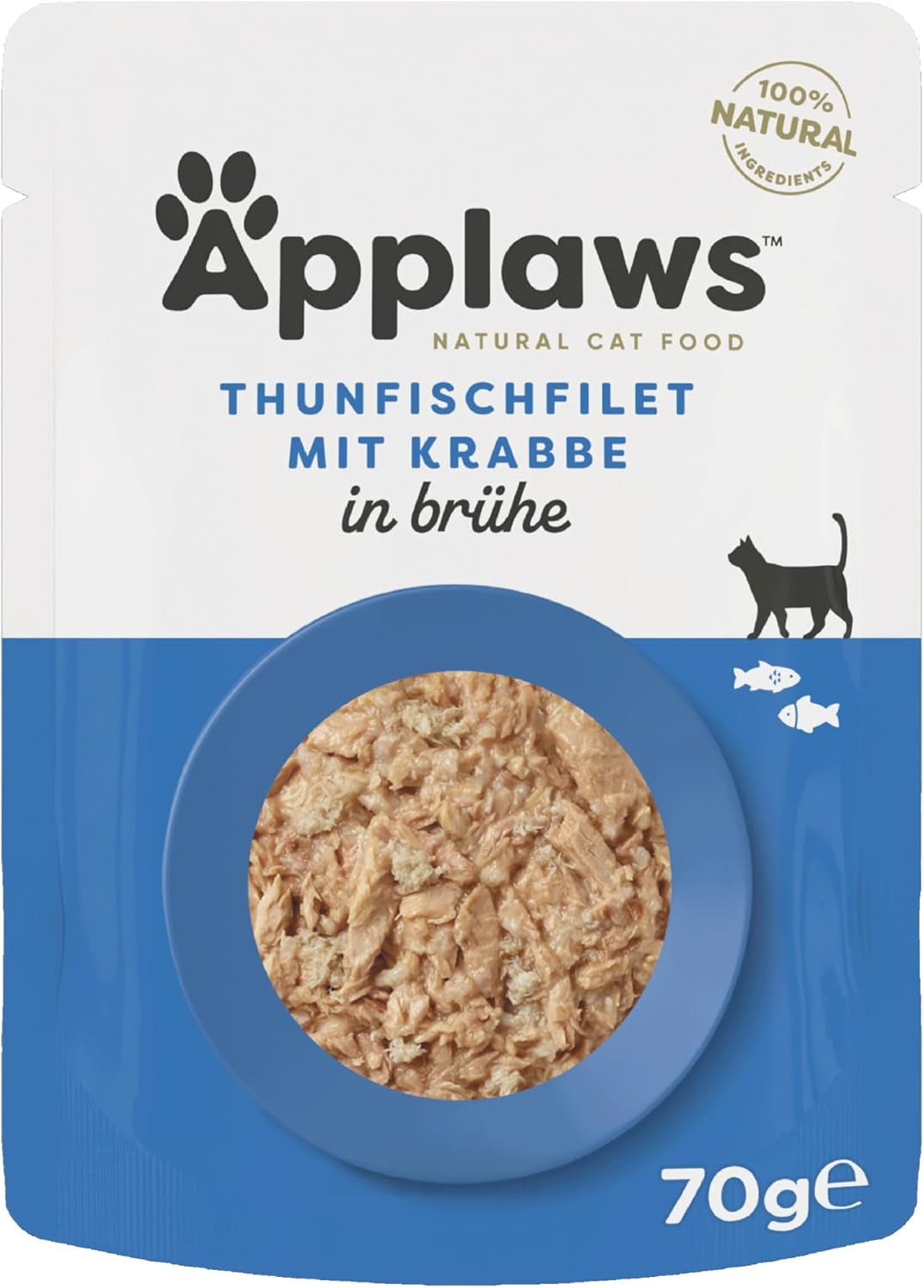 Applaws 100% natürliches Nassfutter für Katzen, Thunfischfilet mit Krabben in Brühe - Packung mit 12 x 70g Beuteln