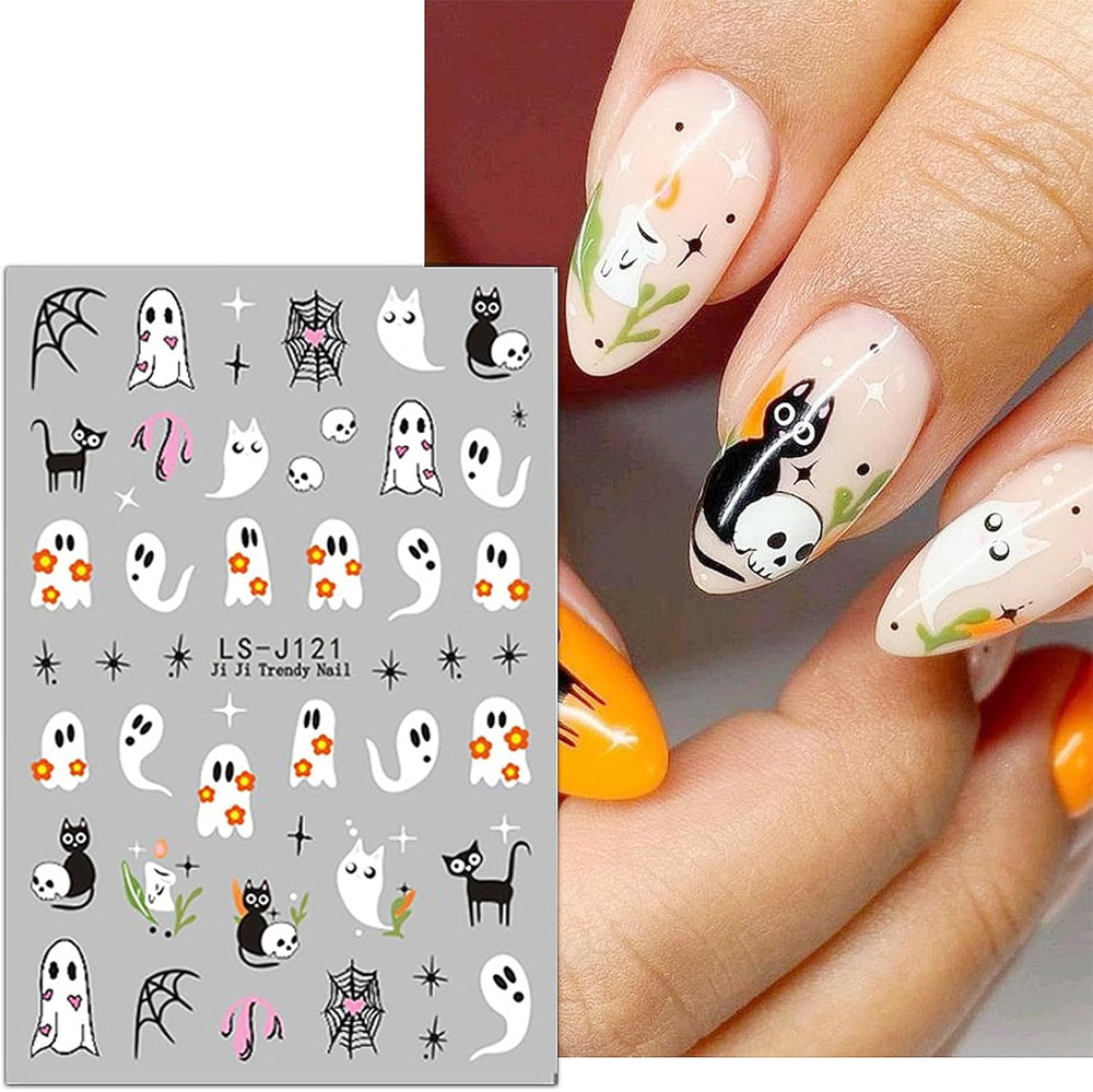 JMEOWIO Nagelsticker Halloween Süßer Geist 9 Blatt Nail Art Sticker Selbstklebend Nagelaufkleber Dekoration Nageldesign Zubehör