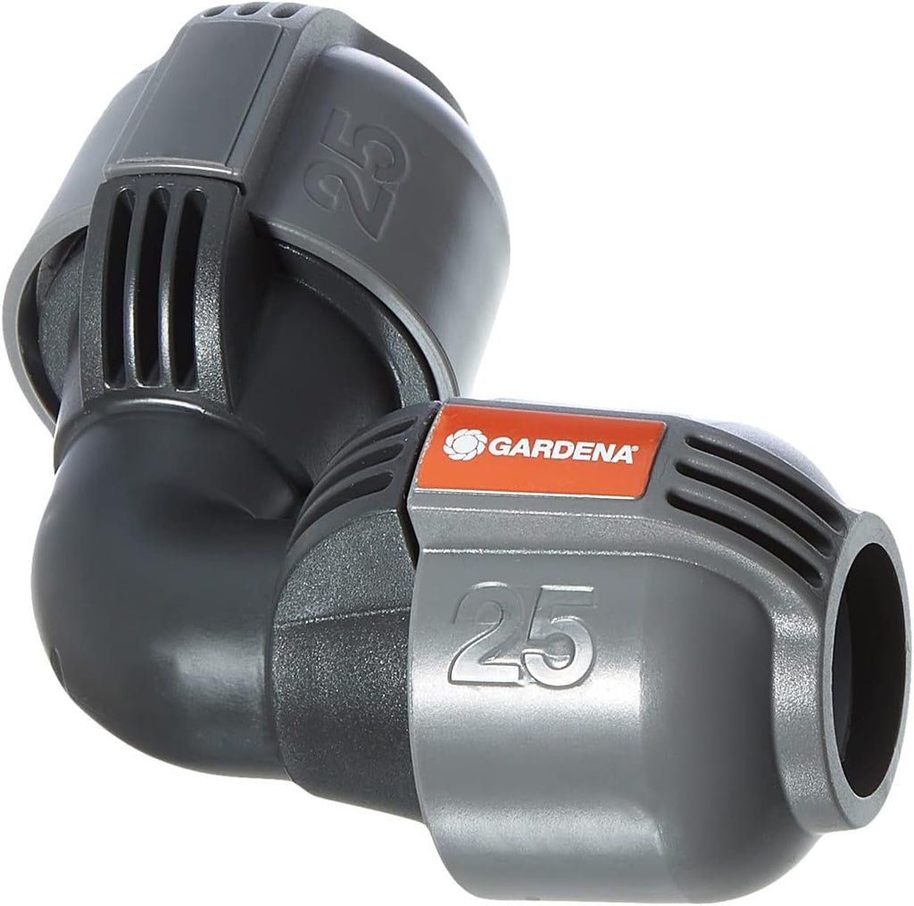 Sistem de irigații Gardena, piesă în L: Conector pentru schimbarea direcției conductei de alimentare, 25 mm, tehnologie de conectare Quick&Easy, compatibil cu conductele de alimentare Gardena de 25 mm, asamblare fără unelte (2773-20)