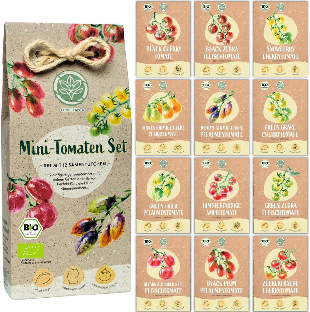 Organic Mini Tomato Seed Set: 12 Varieties of Free Grown Tomatoes | Rare and Family Cocktail, Cherry and Beefsteak Tomato Seeds | Vegetable seeds for balcony, raised bed, garden and gift | Loveplants