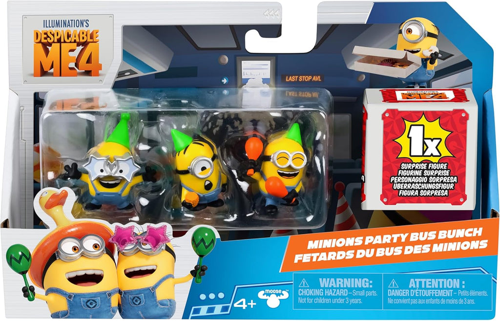 MINIONS I - Simply Incorrigible 4, pachet de 4 figurine Party Bus Troupe. Figurine de colecție înalte de 5,8 cm. Pachetul conține 3 figurine vizibile plus 1 figurină surpriză ascunsă Action figures Naty Shop