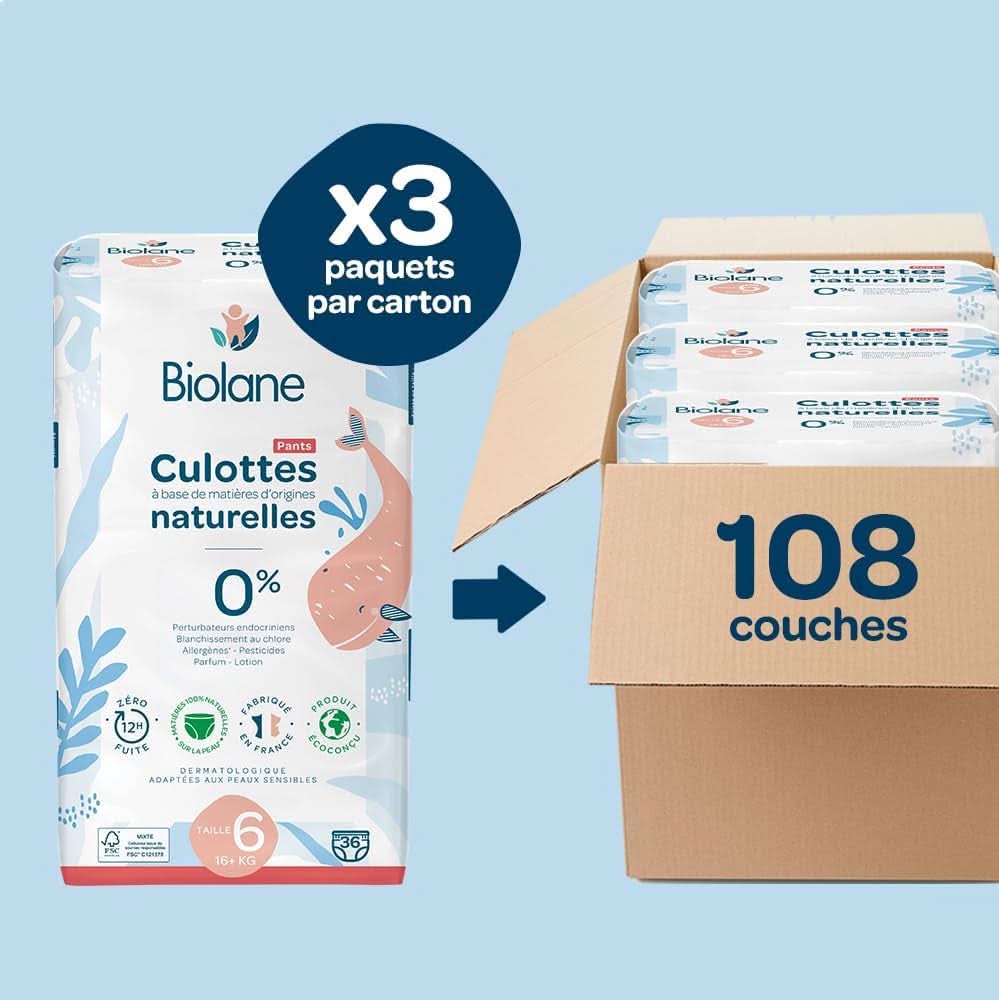 BIOLANE - Diaper pants - Size 6 (16 + kg) - No leaks for 12 hours - 1 month package - 108 diapers - Ecologic Mother and Child Naty Shop