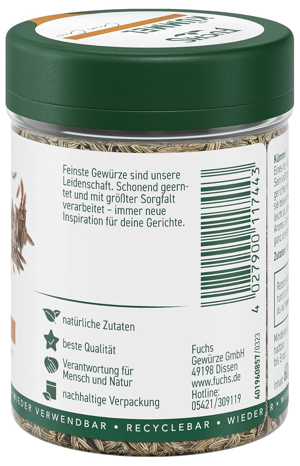 Fuchs Gewürze - Kümmel ganz - kräftiges Gewürz für Kohl- und Fleischgerichte oder zu Bratkartoffeln - natural Ingredient - 60 g in wiederverwendbarer, recyclebarer Dose