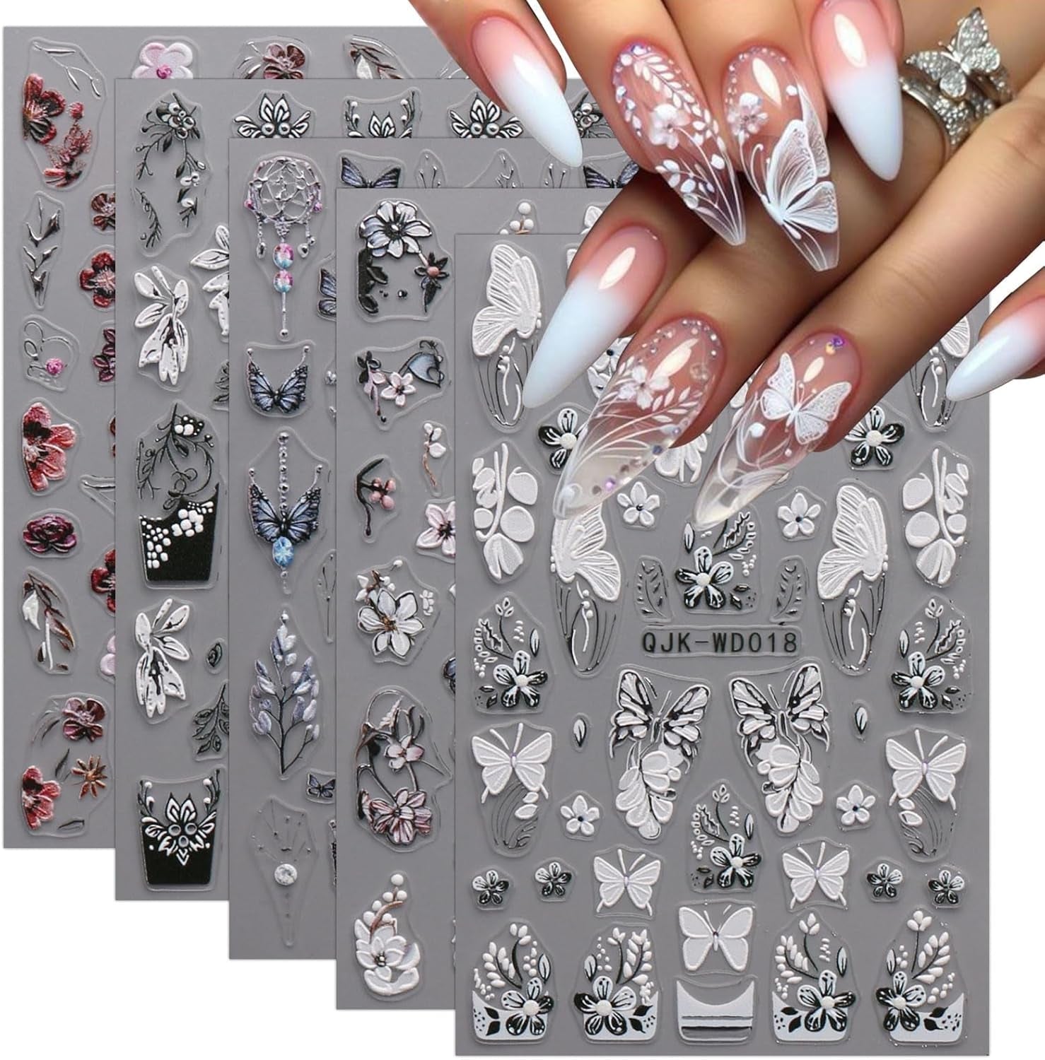JMEOWIO Nagelsticker Schwarz Weiße Blume 6 Blatt Nail Art Sticker Selbstklebend Nagelaufkleber Frühling Sommer Floral Dekoration Nageldesign Zubehör