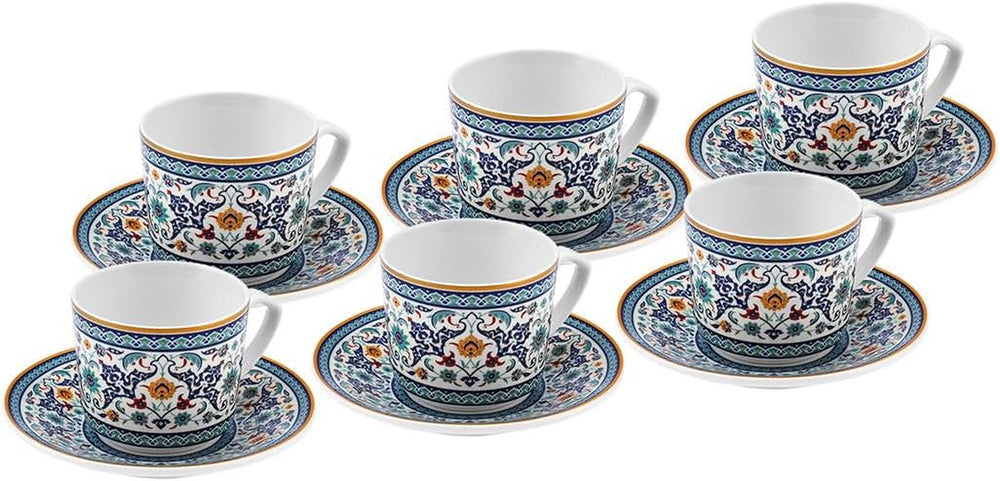 KARACA Beylerbeyi - Set de cești de cafea turcească, 12 piese, Set de 6 cești de espresso din porțelan cu farfurioare, Set de cești de espresso de 80 ml, Design tradițional - Albastru