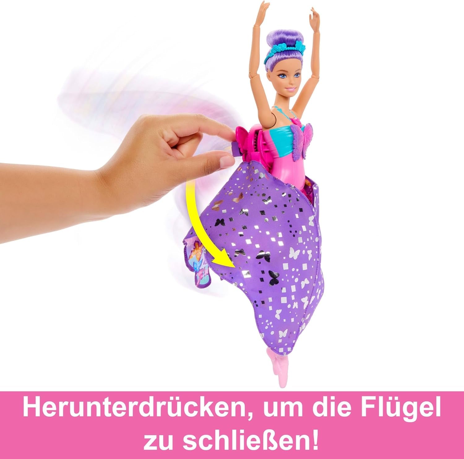 Păpușă Barbie Dansatoare și Fluture cu transformare 2 în 1 din Dansatoare în Fluture cu Aripi care se Deschid, Păr Mov, Accesorii de Păr și Tutu Detașabil, HXJ10