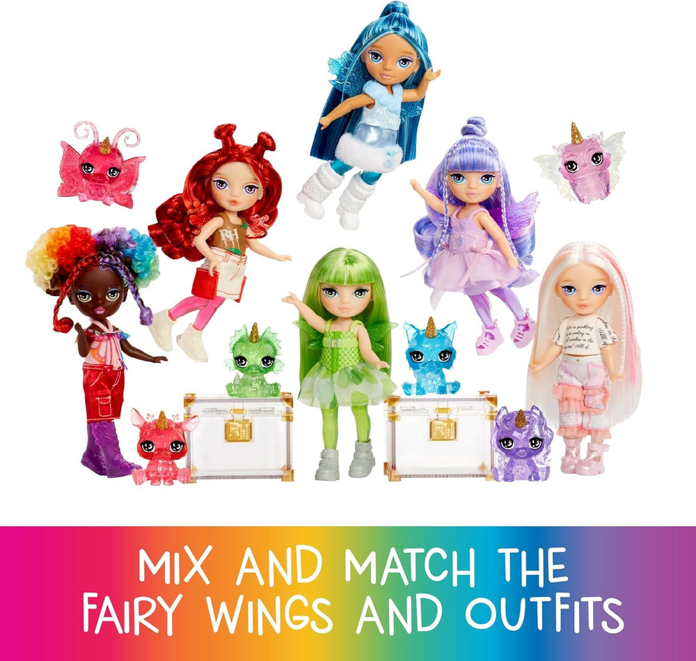 Rainbow High Littles Zâne Fantasy Curcubeu și Animal de Companie - Smarald, Verde - Păpușă mică, articulată, de 14 cm și Dragon Fantasy cu Aripi de Zână Interschimbabile, Cadou Dulce pentru Copii cu Vârsta de 4 Ani și Peste