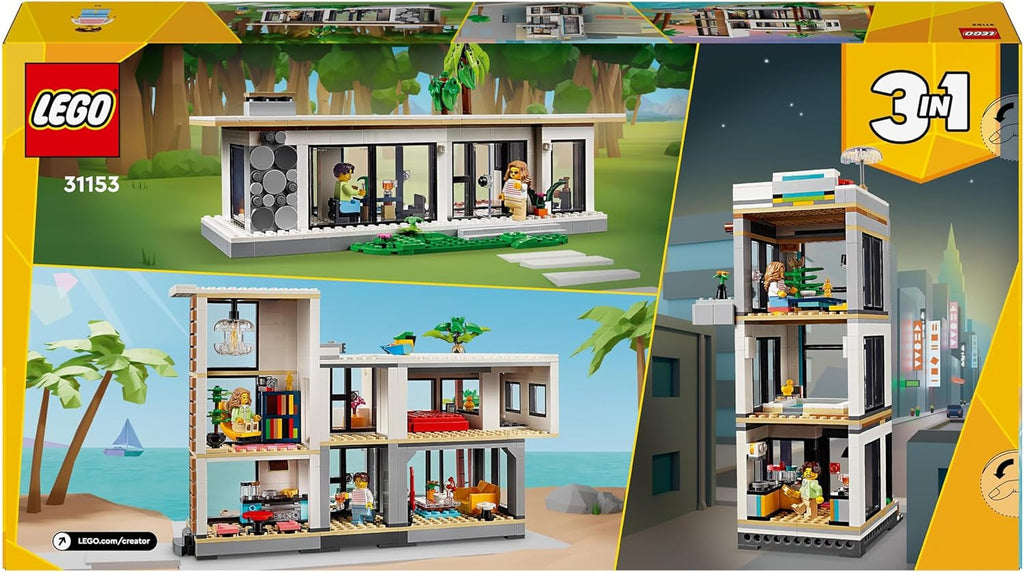LEGO Creator Modern House, set 3 în 1 pentru a converti într-o casă de oraș sau o cabană în pădure, model de casă, idee de cadou pentru băieți și fete de la 9 ani, jucărie educativă 31153 Seturi de constructie Besuche den LEGO-Store