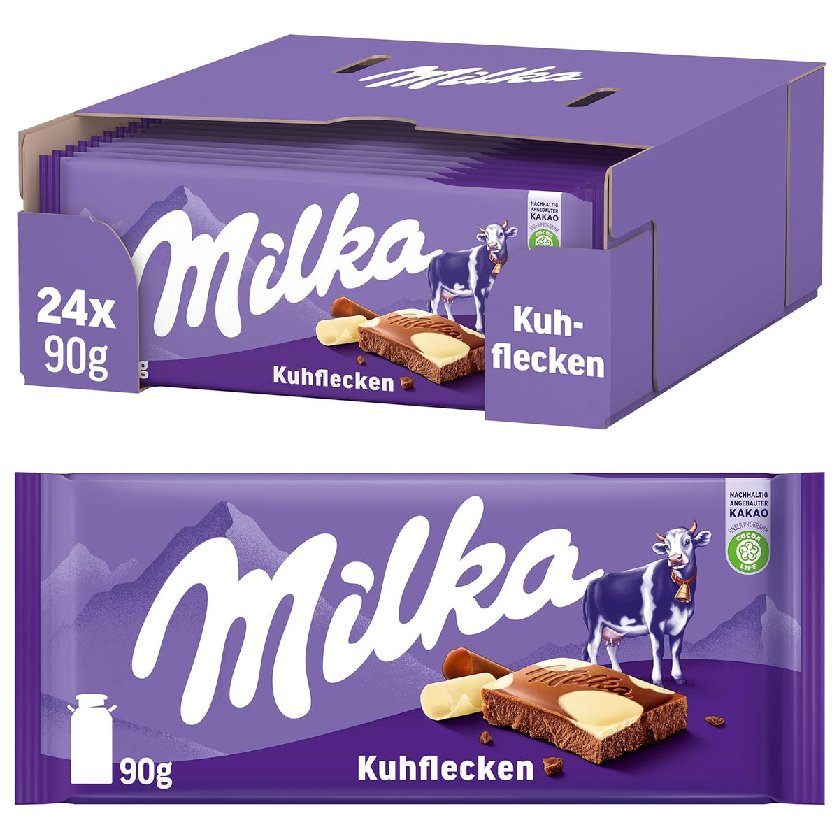 Milka Cow Spots – Alpine milk chocolate with white chocolate in cow spot design – 24 x 90g