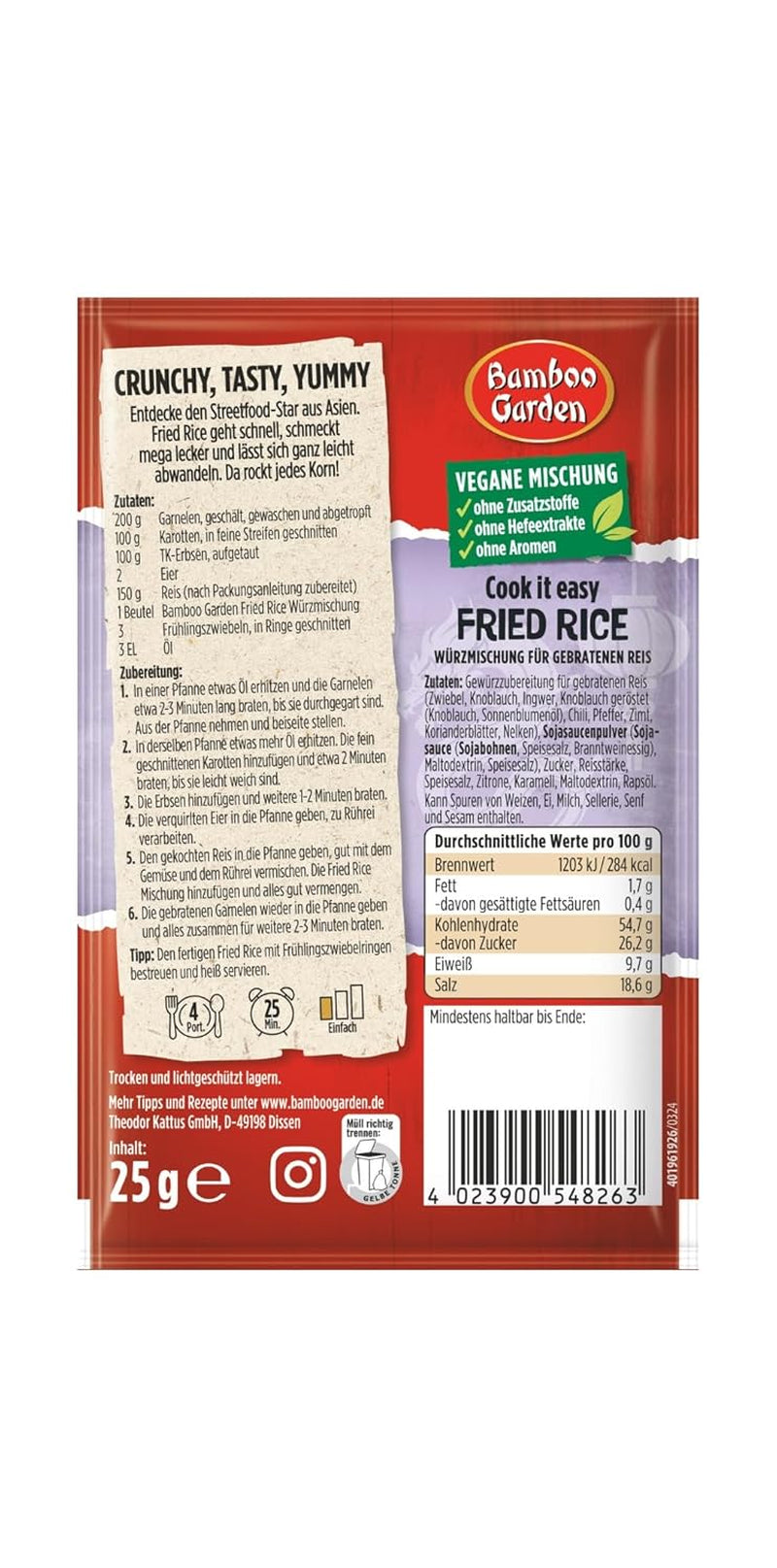 Bamboo Garden - Fried Rice Würzmischung | Gewürz für gebratenen Reis | For 4 portions | Vegan, ohne Hefeextrakte, ohne Aromen | 25 g in Bag