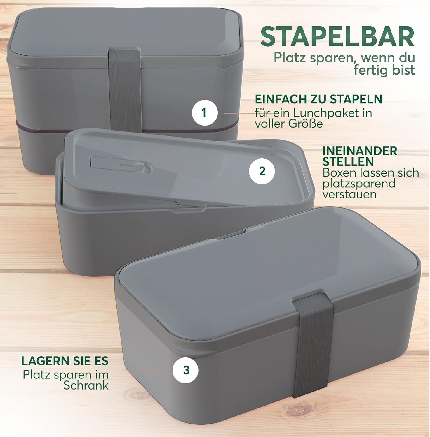 Cutie de prânz Umami pentru adulți, cutie bento stivuibilă etanșă cu 4 tacâmuri și compartimente, cutie de prânz pentru adulți, recipient pentru salată to-go, cutie de prânz pentru picnic / birou, gri cărbune, 1500 ml Cutii depozitare alimente Naty Shop