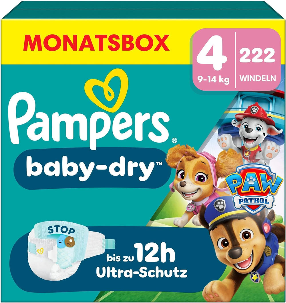 Pampers Baby-Dry Puppy Patrol Edition Diapers, Size 4, 222 Diapers, 9kg - 14kg, Up to 100% Leak Protection and All-Night Comfort