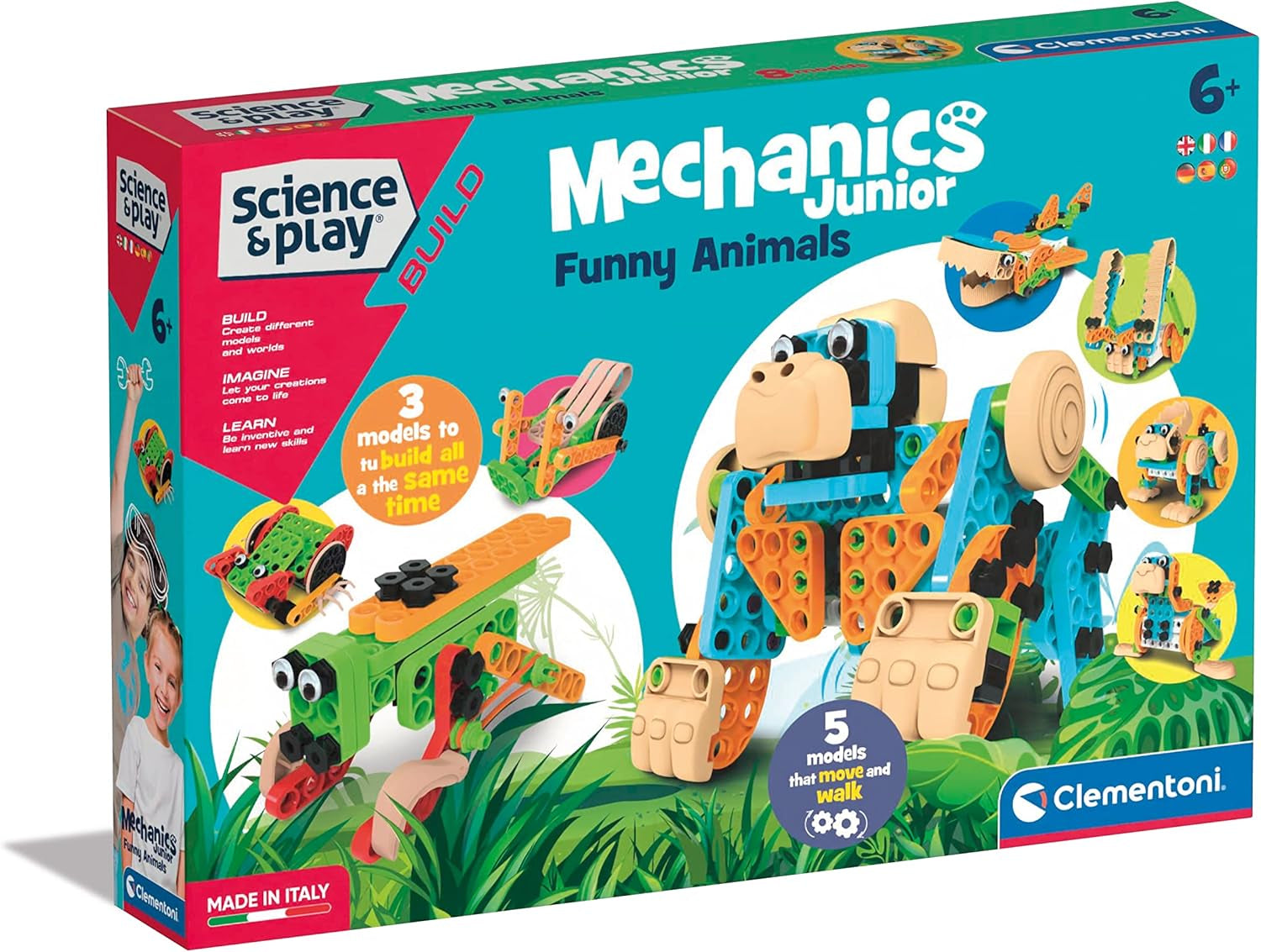 Clementoni 97860 Science & Play Build – Mechanics Junior Lustige Tiere, Bausatz für 8 Tiermodelle, motorbetriebenes Konstruktionsspielzeug für Kinder ab 6 Jahren Amazon Exclusive