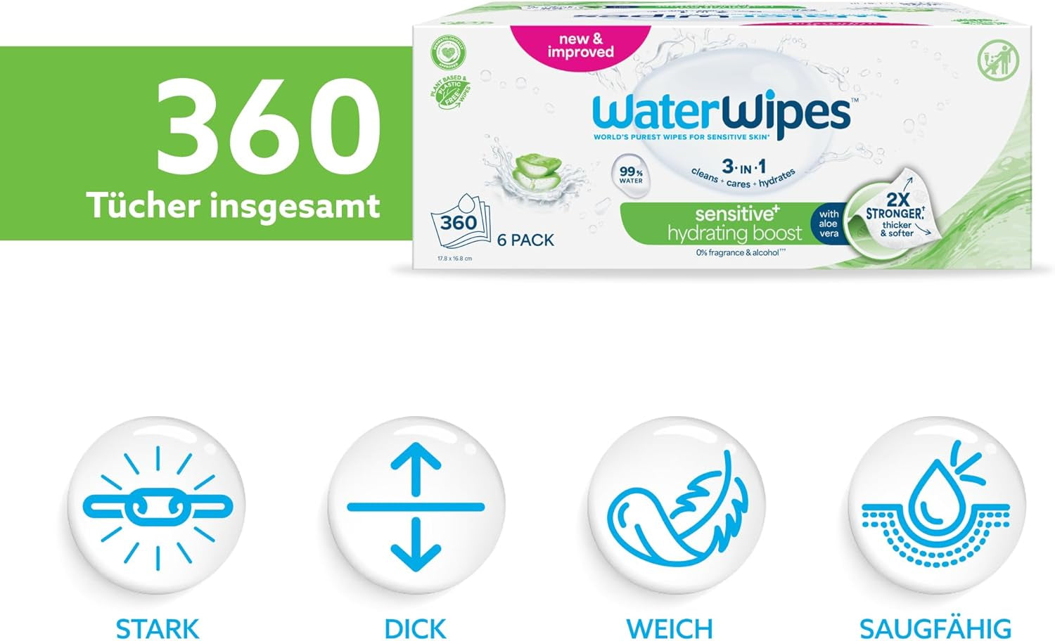 WaterWipes Sensitive+ Hydrating Boost Wet Wipes, Hydrating Wipes, 360 Pieces (6 Pack), 3 in 1 Clean, Care, Hydrate, 99% Aloe Vera Water, Unscented Baby Wipes