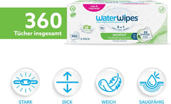 WaterWipes Sensitive+ Hydrating Boost Wet Wipes, Hydrating Wipes, 360 Pieces (6 Pack), 3 in 1 Clean, Care, Hydrate, 99% Aloe Vera Water, Unscented Baby Wipes