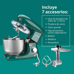 Küchenmaschine - 7 Zubehörteile: Mixbecher, Fleischwolf, Große Schüssel, Schutzdeckel, Schneebesen, Mixer Und Knetmaschine - Farbe: Grün - Fassungsvermögen: 6 Liter Mama si Copilul Naty Shop