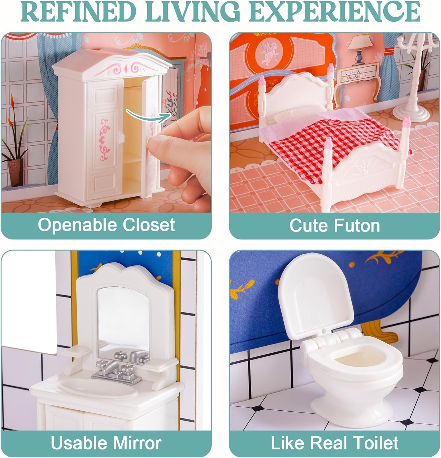 ROBUD Casă de păpuși din lemn cu mobilier și accesorii Căsuțe pentru fete Căsuță de joacă Jucărie pentru copii