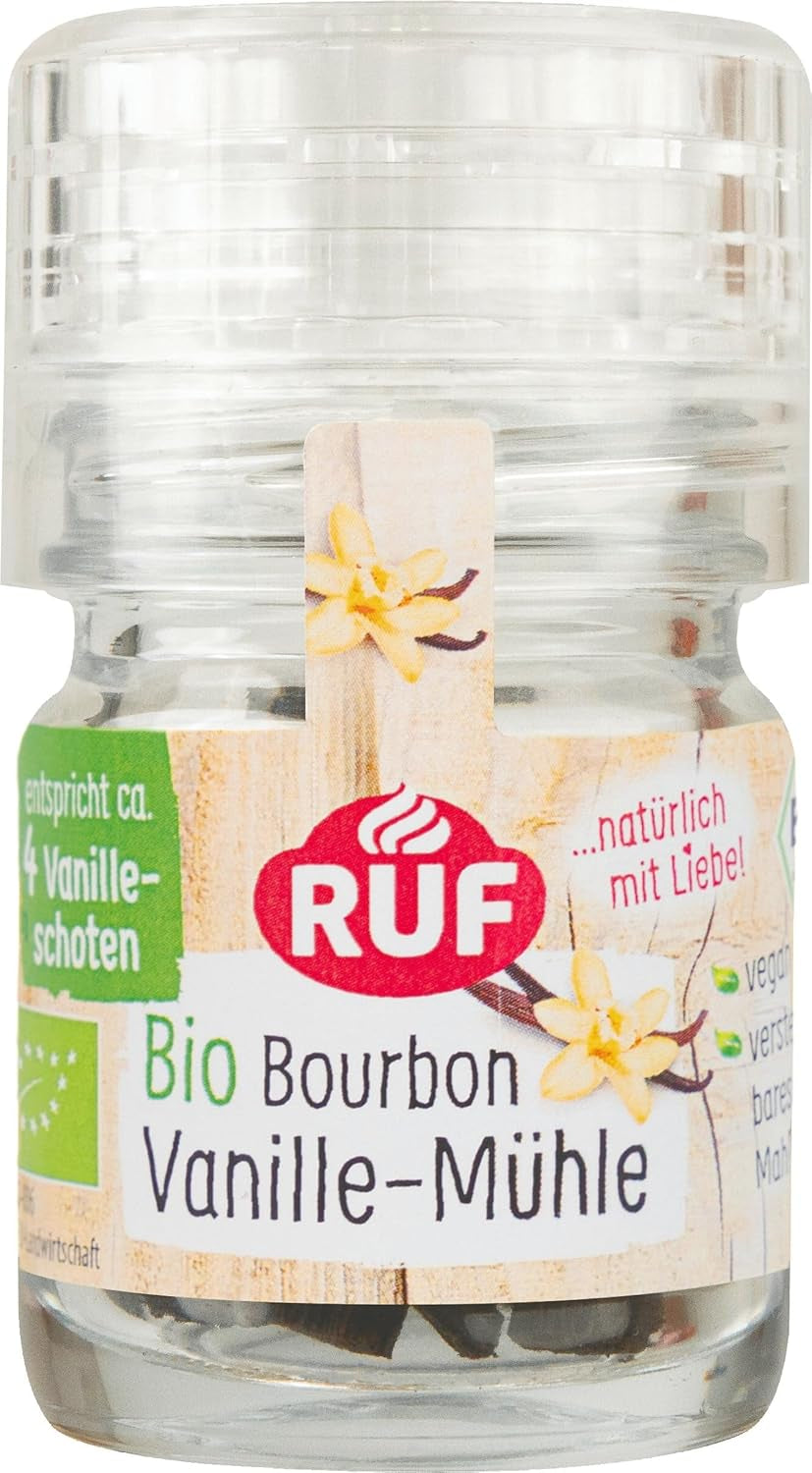 RUF Bio Bourbon Vanille-Mühle, Gewürz-Mühle aus aroma-sicherem Glas, Vegan, Verstellbares Mühlwerk, Vanilleschoten zum Backen und Kochen, 1 x 7.5 g