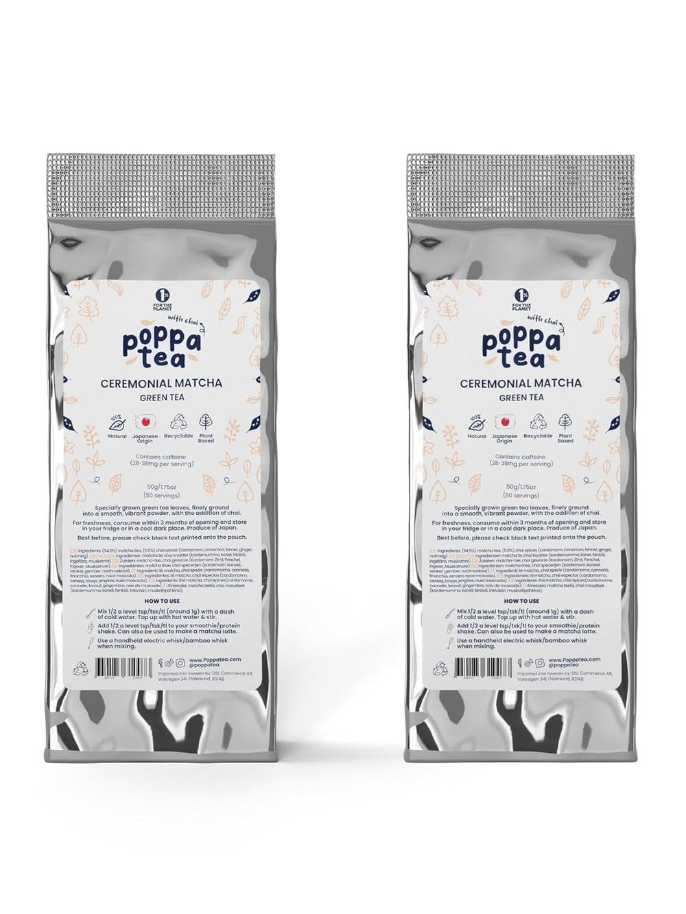 Poppatea Matcha Tea - Ceremonial - Frunze de ceai verde japonez (pungă de reumplere de 50 g, Matcha cu Chai)