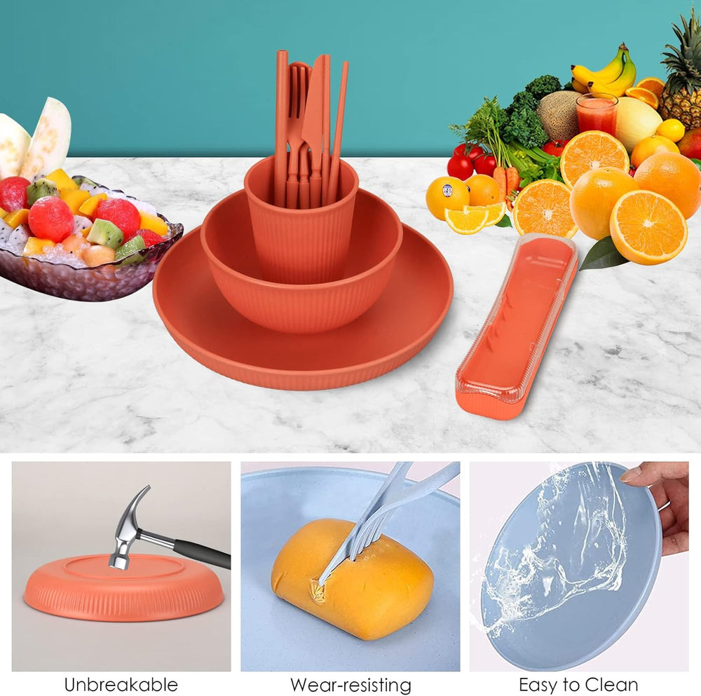 Set de tacâmuri indestructibil pentru 6 persoane, set de tacâmuri pentru camping cu 66 de piese, seturi de tacâmuri din plastic pentru picnic, ușoare, colorate, grătar, farfurii de servire din plastic, boluri, set de tacâmuri