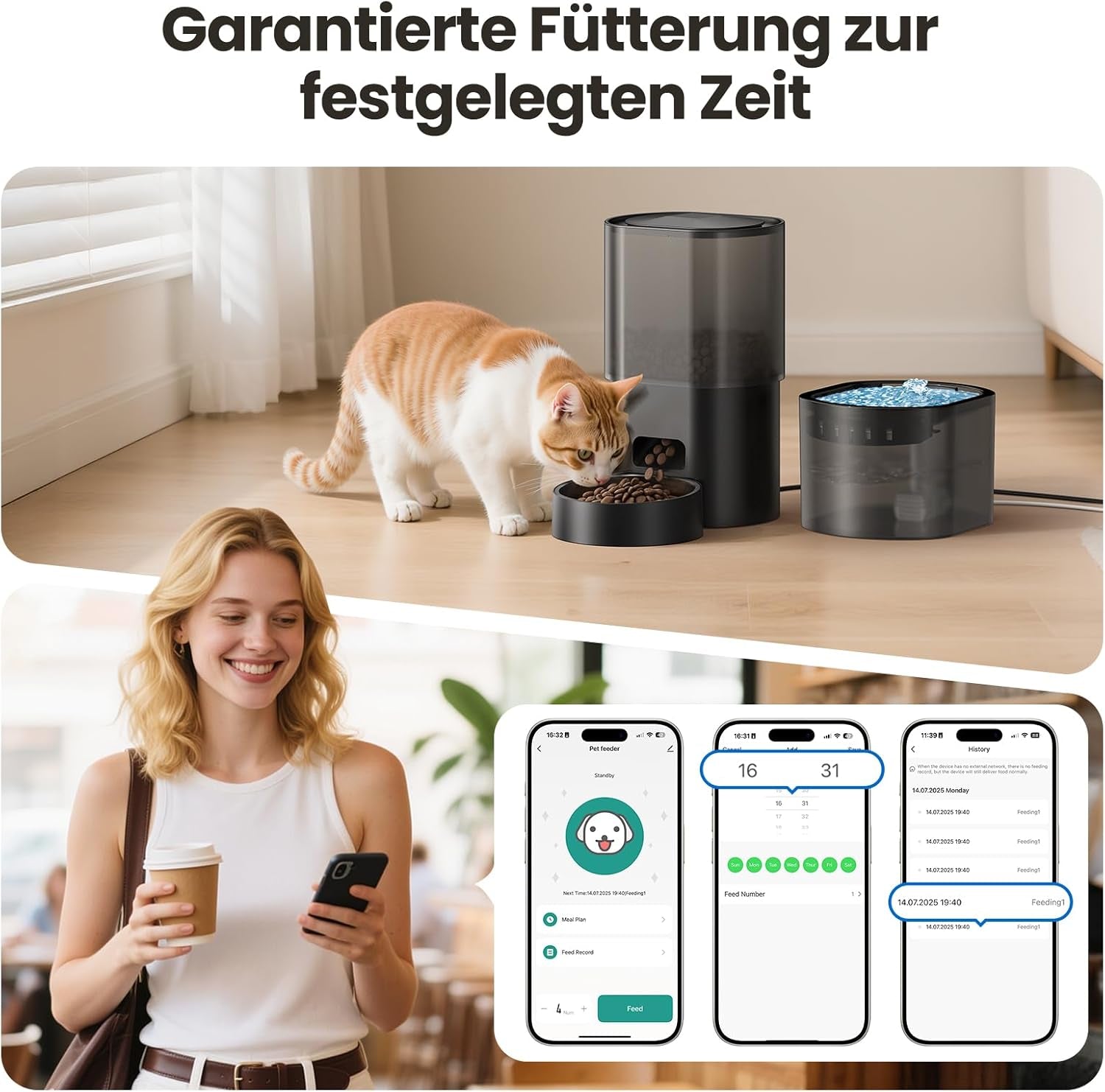 3L Automatischer Katzenfutterspender 2.5L Katzenbrunnen-Set, geräuscharmes App-steuertees Fernfütterungsgerät mit 10 Mahlzeiten per Tag, Anti-Verstopfungs-Design, ideal für Katzen & Welpen