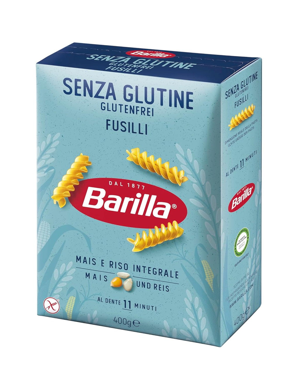 Gluten-free Barilla Fusilli pasta made from delicious corn and rice - perfect for people with celiac disease or gluten intolerance 400g
