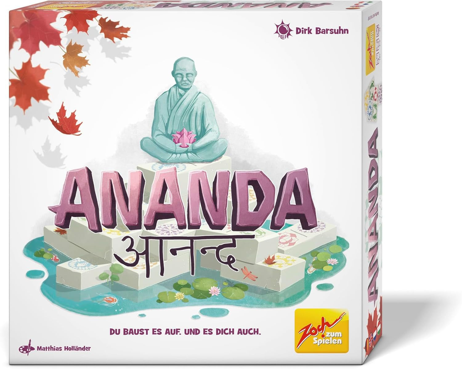 Zoch Ananda - A strategic board game with meditative influences, temple building using tactics, monks meditating in colored areas, collecting karma points, family game for ages 10 and up.