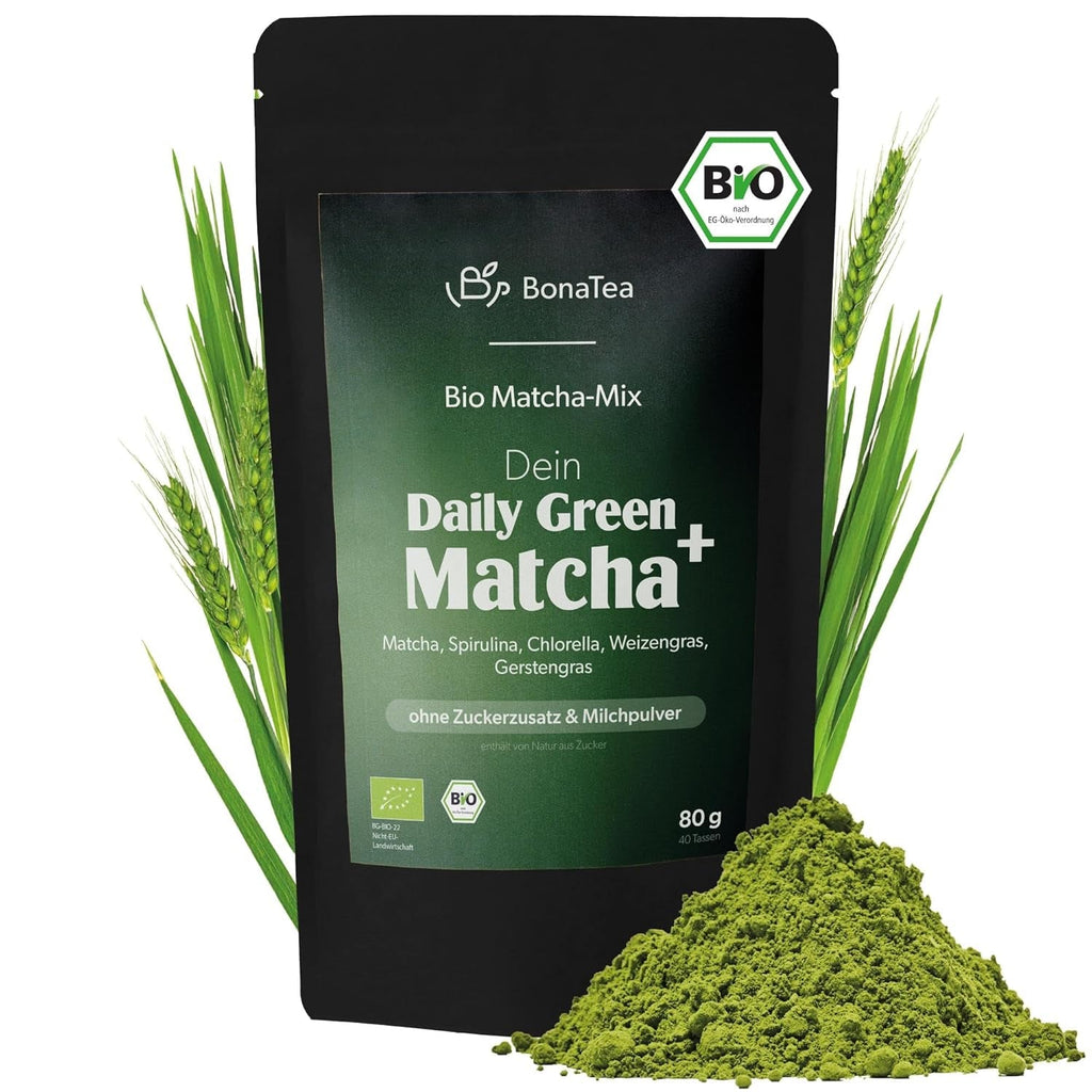 Bio Daily Green Matcha+, amestec de matcha cu spirulină, chlorella, iarbă de grâu, iarbă de orz și 60% matcha premium organic din Japonia, 80 g