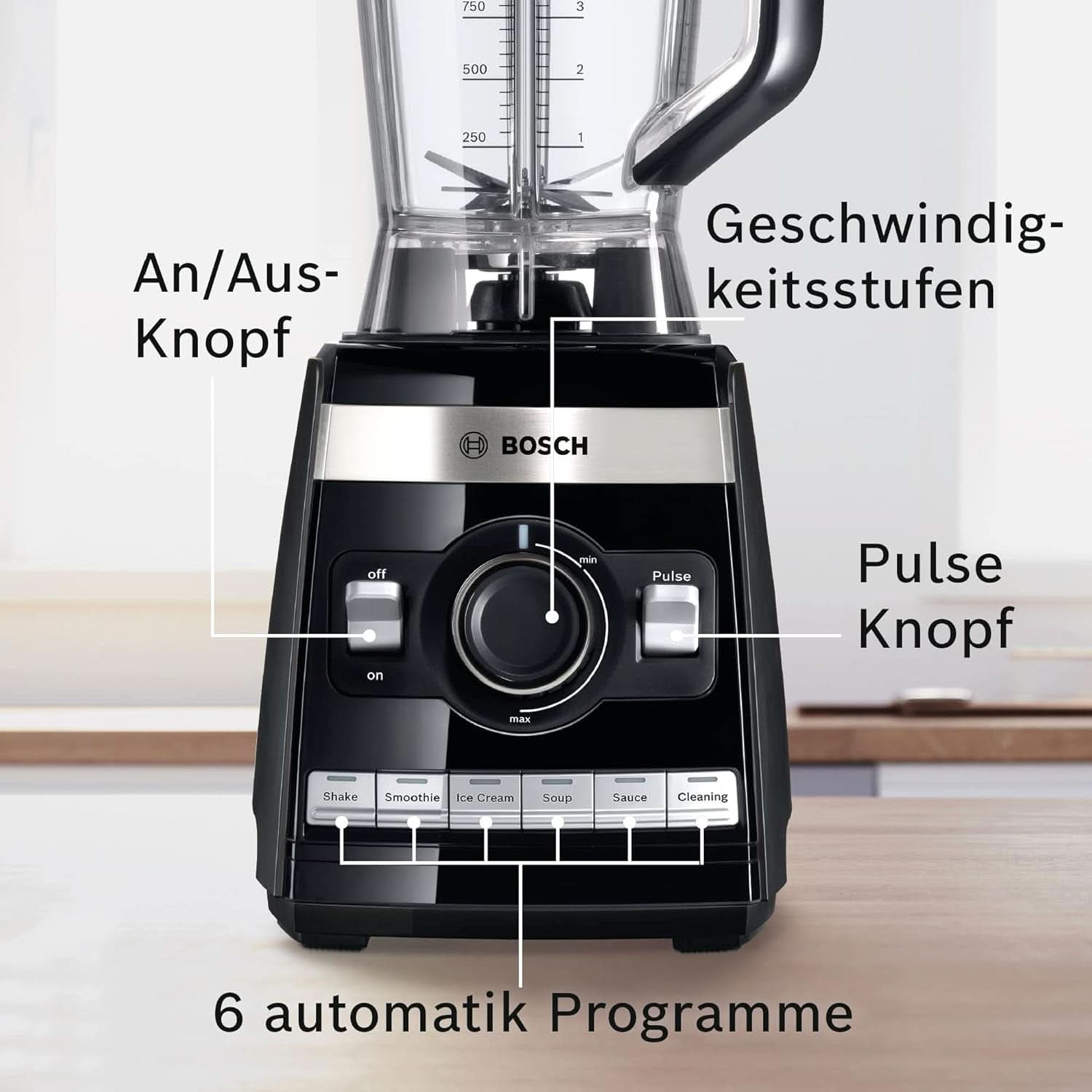Bosch Standmixer Vitaboost MMBH6P6BDE, 6-Klingen-Edelstahlmesser, 2.5L Tritan-Mixbehälter, Stopfer, 6 Automatikprogramme, Rezeptbuch, Bpa-Frei, Einfache Reinigung, 45,000 U/Min, 1600 W, Schwarz Bucatarie Naty Shop
