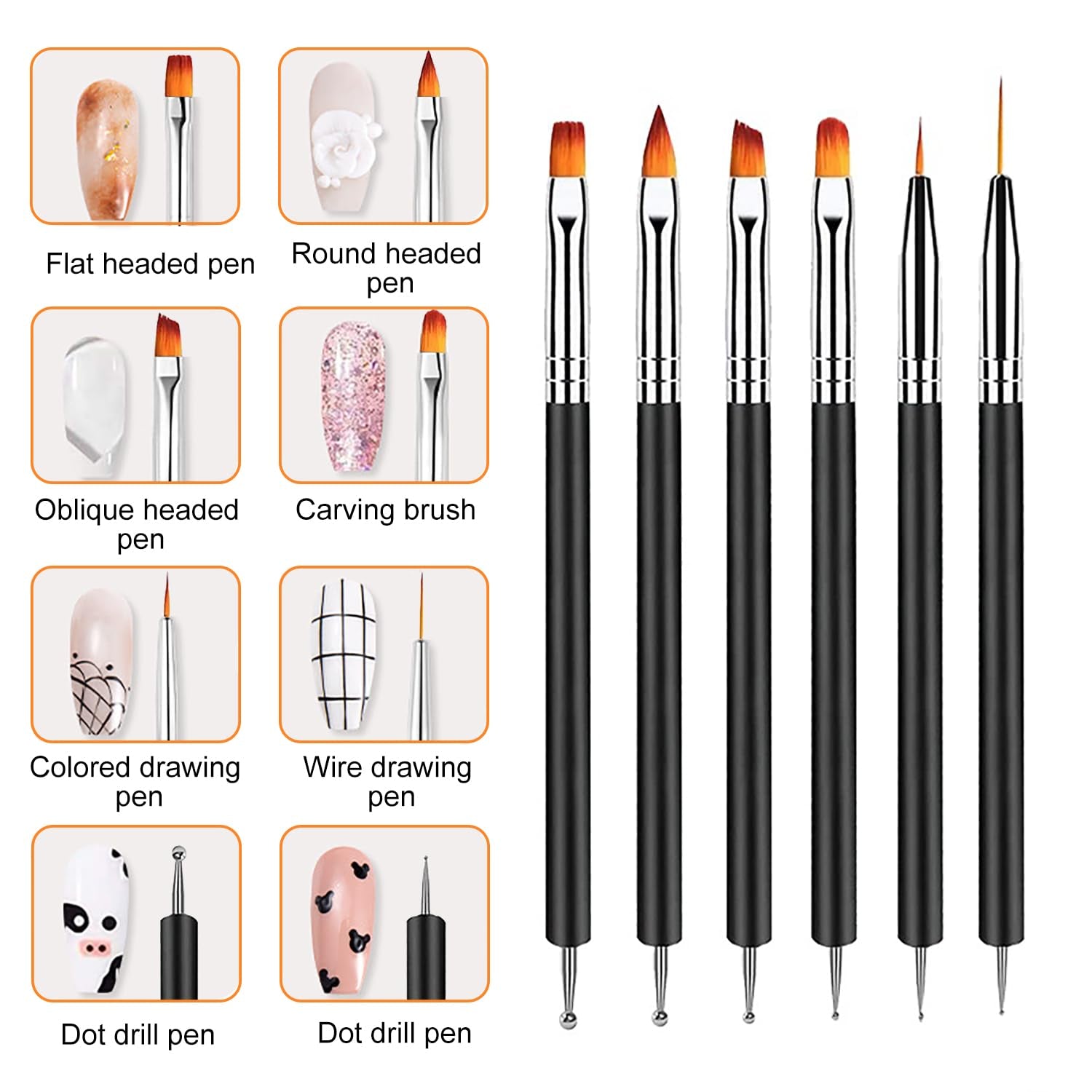 6 Stück Doppel-Ende Nagel Pinsel, Nageldesign Pinsel, Doppel-Ende Nail Art Pinsel Kit Professionelle Maniküre Werkzeuge Kit（Schwarz）