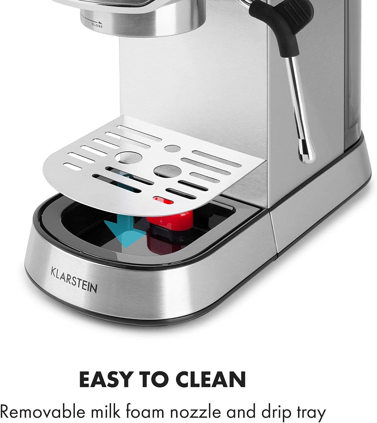 Klarstein Futura Espressor, Espressor cu Filtru Portabilă, 1450 W, 20 bar, Calitate Barista, Duză Dublă, Stop debit, Espressor cu Filtru Portabilă, Funcție de Spumare a Laptelui, Argintiu