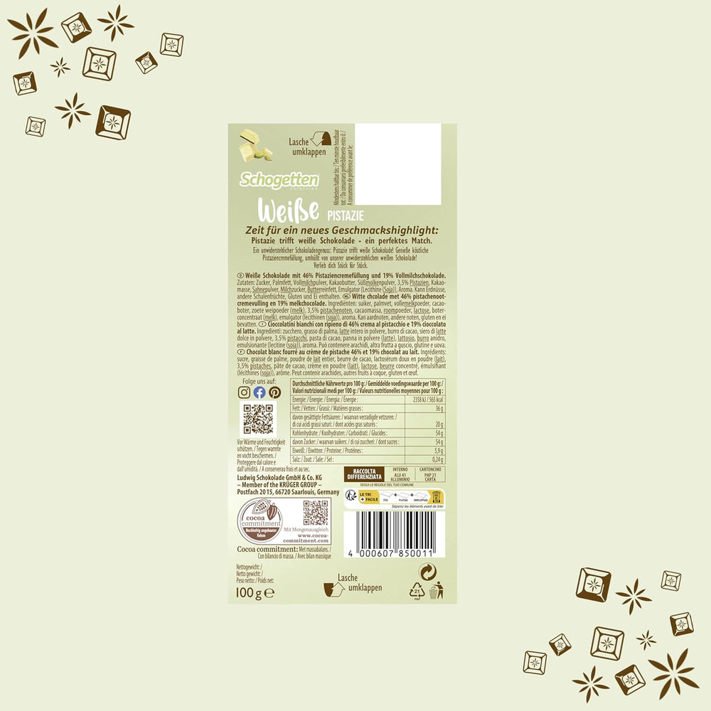Schogetten White Pistachio | White chocolate with pistachio cream filling | 100 g | Conveniently Portioned (Pack of 3)