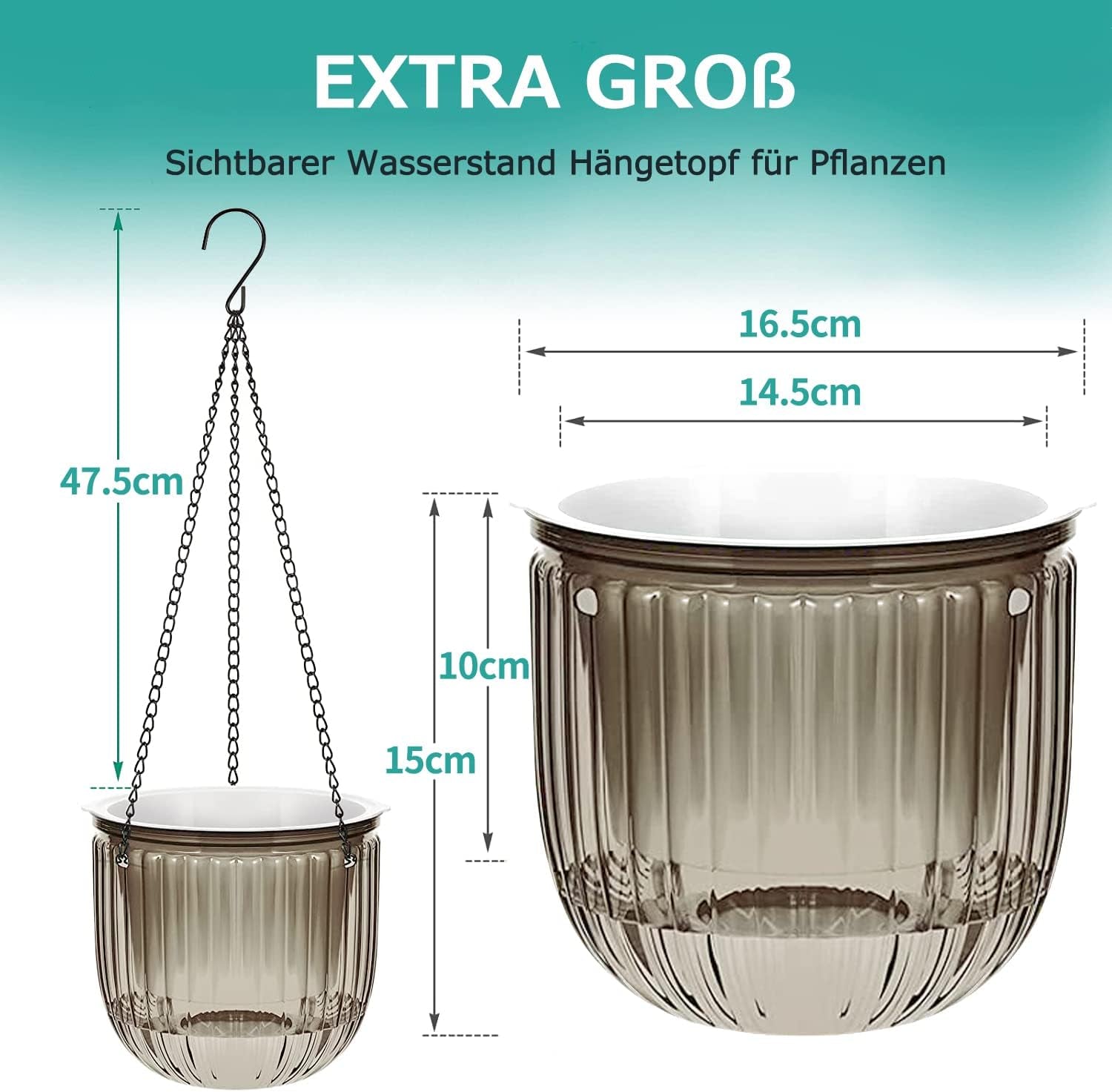 Set of 2 Self-Watering Hanging Planters, 16.5cm Indoor Hanging Flower Pot with 3 Hooks and Drainage Holes for Indoor and Outdoor Use, Ceiling, Balcony and Wall Decoration (Grey)