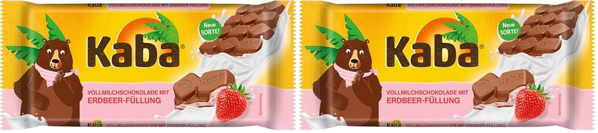 Kaba Milk Chocolate with Strawberry Cream, Filled Chocolate Bar, 90g Bar, Melt-in-your-Mouth Chocolate with Strawberry Fruity Cream and Kaba Original Flavor (Pack of 2)