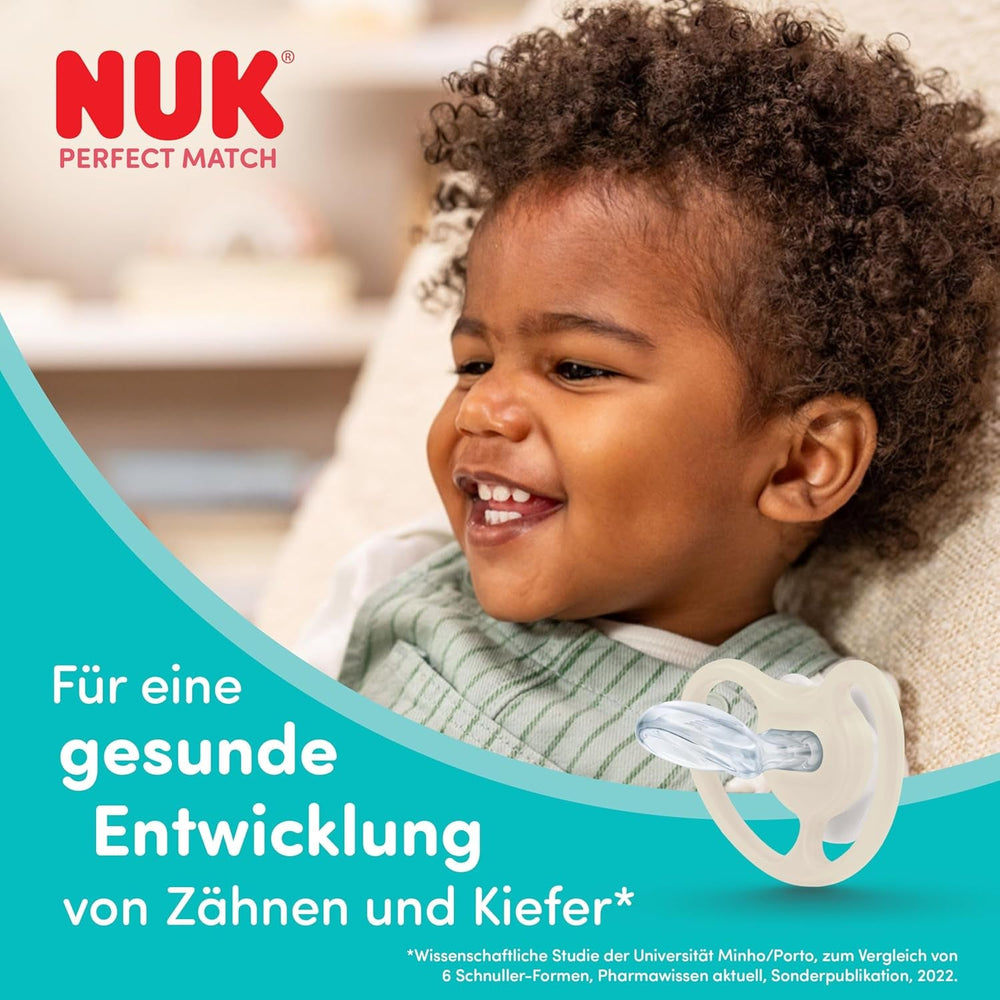 Suzete NUK Perfect Match Air pentru bebeluși | 6-18 luni | Suzete ortodontice care promovează circulația aerului și previn erupțiile cutanate cauzate de salivație | Acceptare 95% de către bebeluși** | Zebră/Leu | Pachet de 2