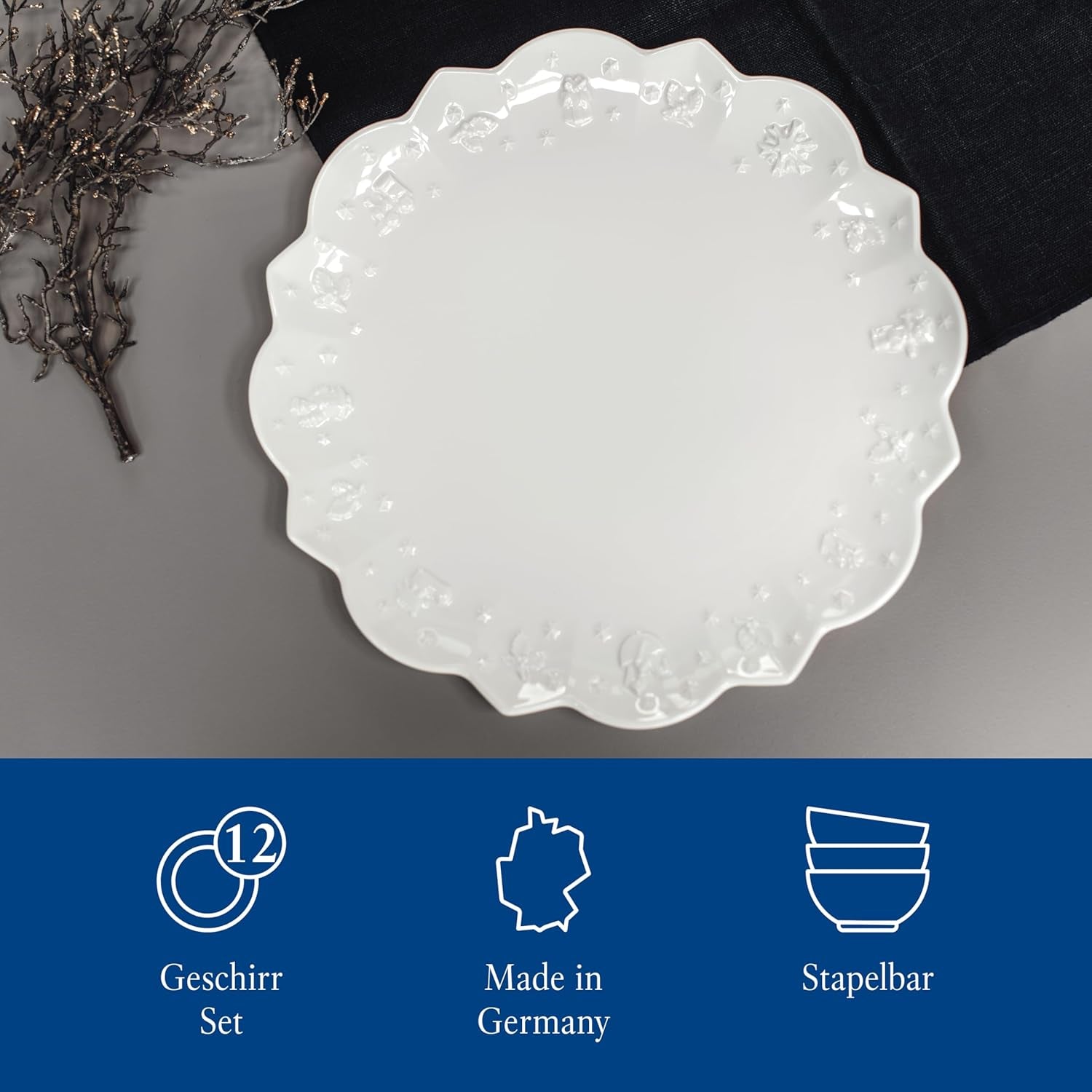 Villeroy & Boch – Set de veselă Toy's Delight Royal Classic cu 8 piese, alb, potrivit pentru mașina de spălat vase și cuptorul cu microunde, farfurii, set de veselă pentru 4 persoane, veselă de Crăciun, jucării, porțelan premium