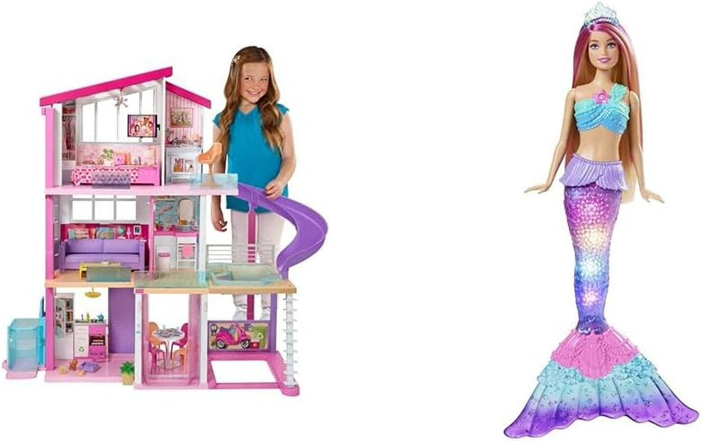 Barbie Dollhouse, Dream Villa Doll, complet mobilată, 3 etaje, 8 camere inclusiv piscină, tobogan și lift, 70 de accesorii, jucării de la 3 ani, GNH53 Casute de papusi Naty Shop Pachet cu sirenă