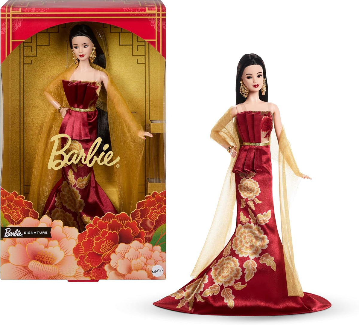 Păpușă Barbie Signature de Anul Nou Lunar în rochie roșie cu model de bujori aurii, jucărie de colecție, JJX83