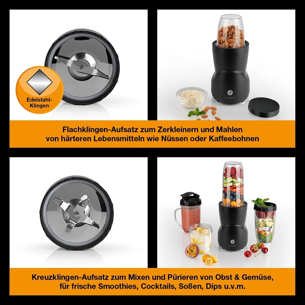 Smoothie Maker 12-Tlg | To-Go Deckel & 4 Mixbehälter | Für Obst, Gemüse & Nüsse | Myth Ice-Crush Funktion | Mini-Standmixer Zum Mixen, Rühren, Zerkleinern, Mahlen, Hacken & Pürieren | BPA-Free Kitchen Naty Shop
